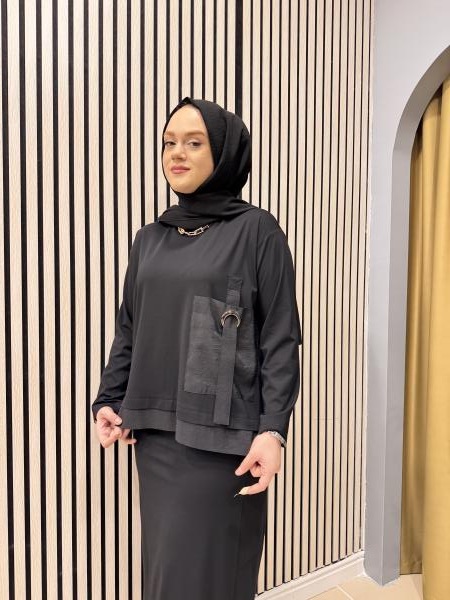 CEREMONY 5950 TUNİĞİ VE ETEK UCU DUBAI DETAY CEPLİ ŞALVARLI ETEKLİ BAMBU TAKIM SİYAH