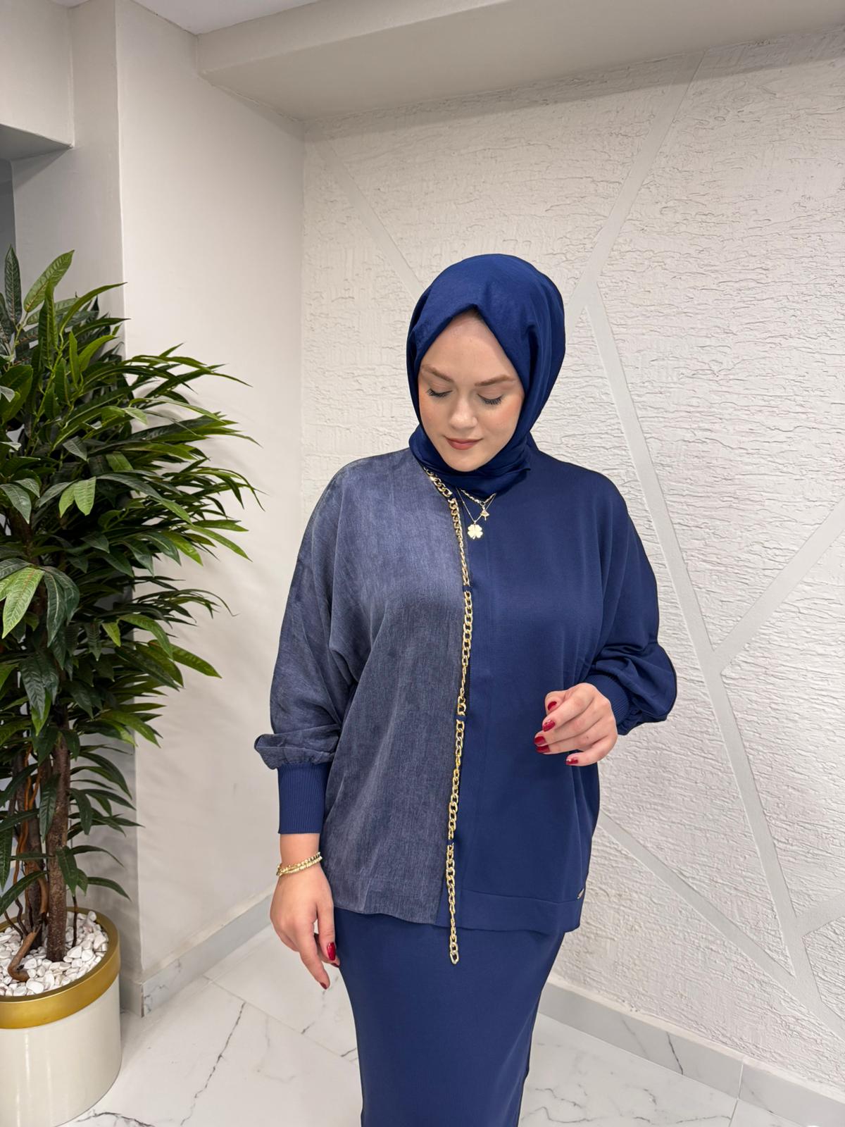NİLİWİ 3100 YARISI KUMAŞ ZİNCİRLİ YARASAKOL TRİKO BLUZ LACİVERT