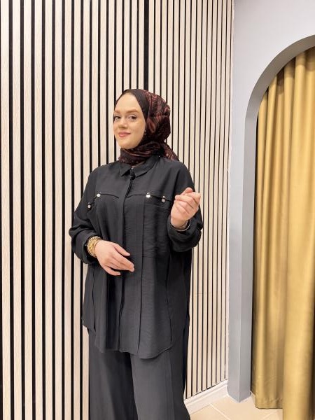 CEREMONY 5905 GÜMÜŞ PARA İŞLEMELİ ÜSTTEN TORBA CEPLİ PANTOLONLU PASION TAKIM SİYAH