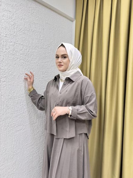 CEREMONY 5966 TOMURCUK İŞLEMELİ KISA GÖMLEK ETEKLİ RANO TAKIM KOYU VİZON