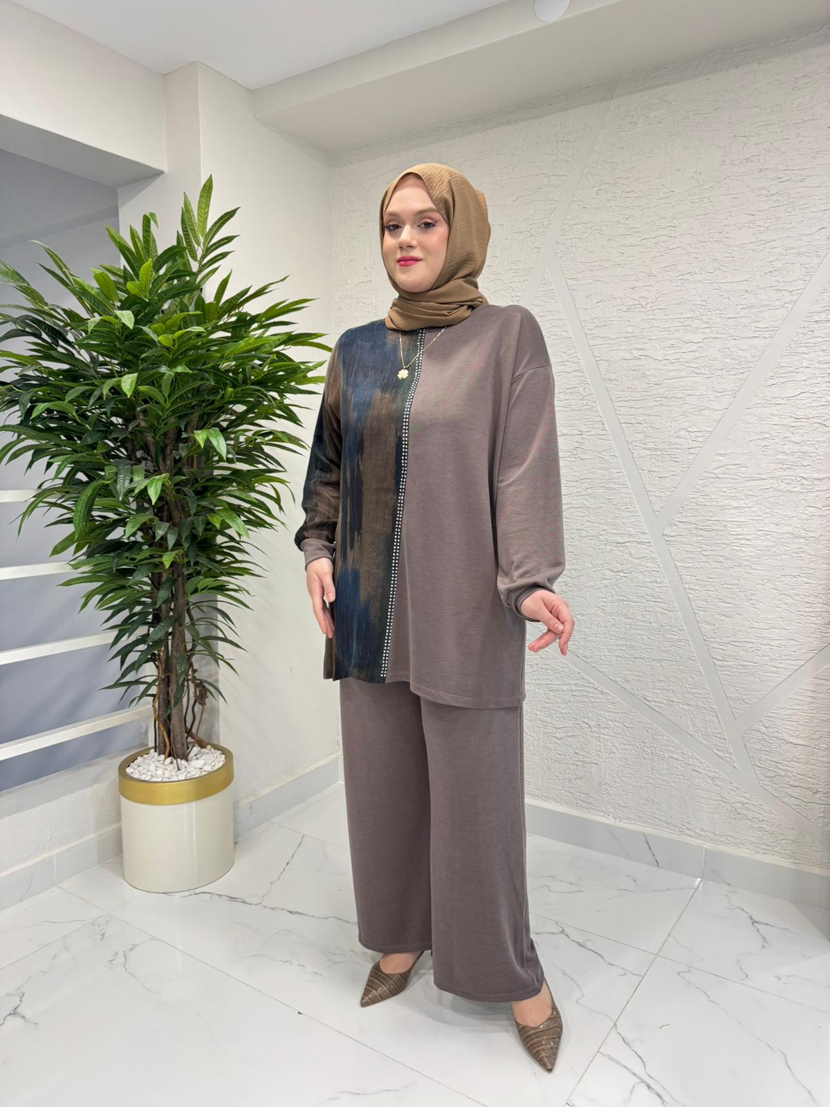 YAREN CLARA 2298 ÖNÜ TAŞ PİKE PANTOLON TAKIM KAHVERENGİ