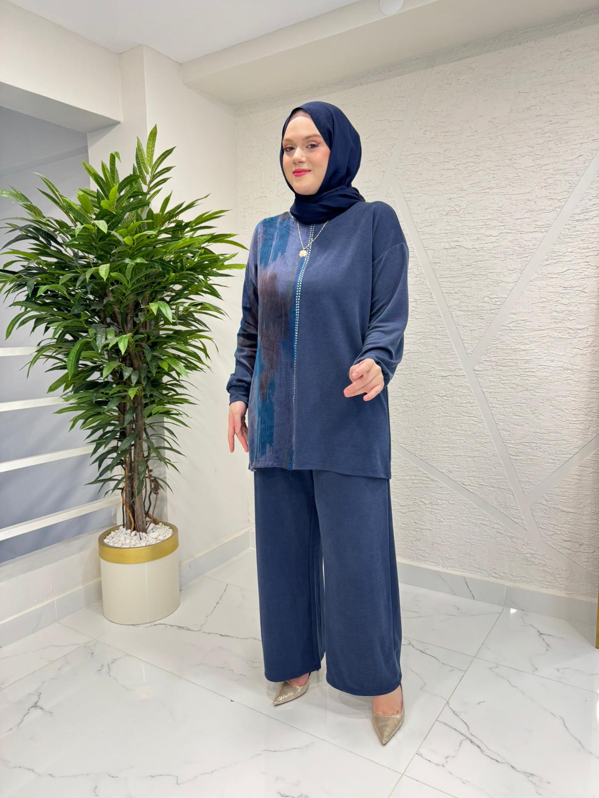 YAREN CLARA 2298 ÖNÜ TAŞ PİKE PANTOLON TAKIM MAVİ