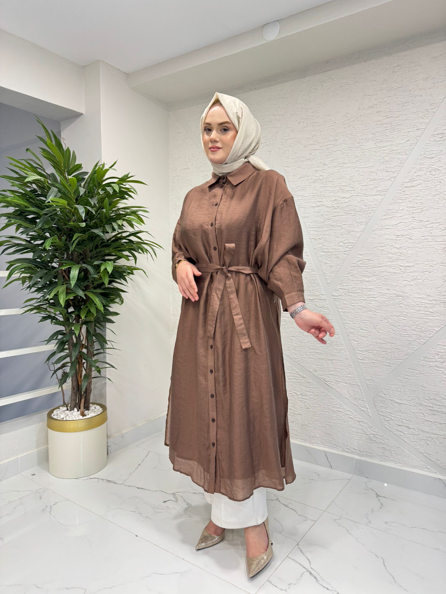 CEREMONY 26Y165 ÇİFT KATLI KUŞAKLI NİL TUNİK KAHVERENGİ