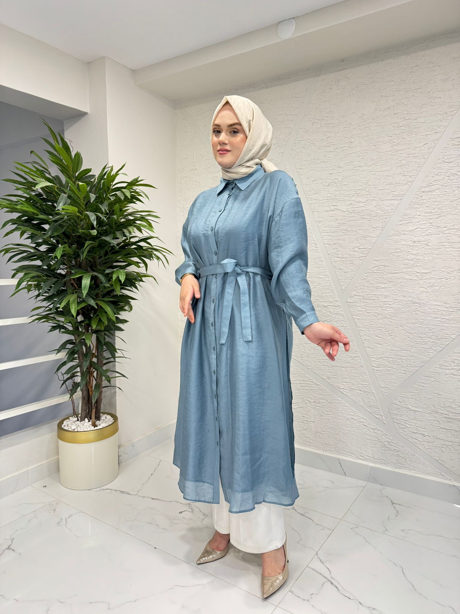 CEREMONY 26Y165 ÇİFT KATLI KUŞAKLI NİL TUNİK MAVİ