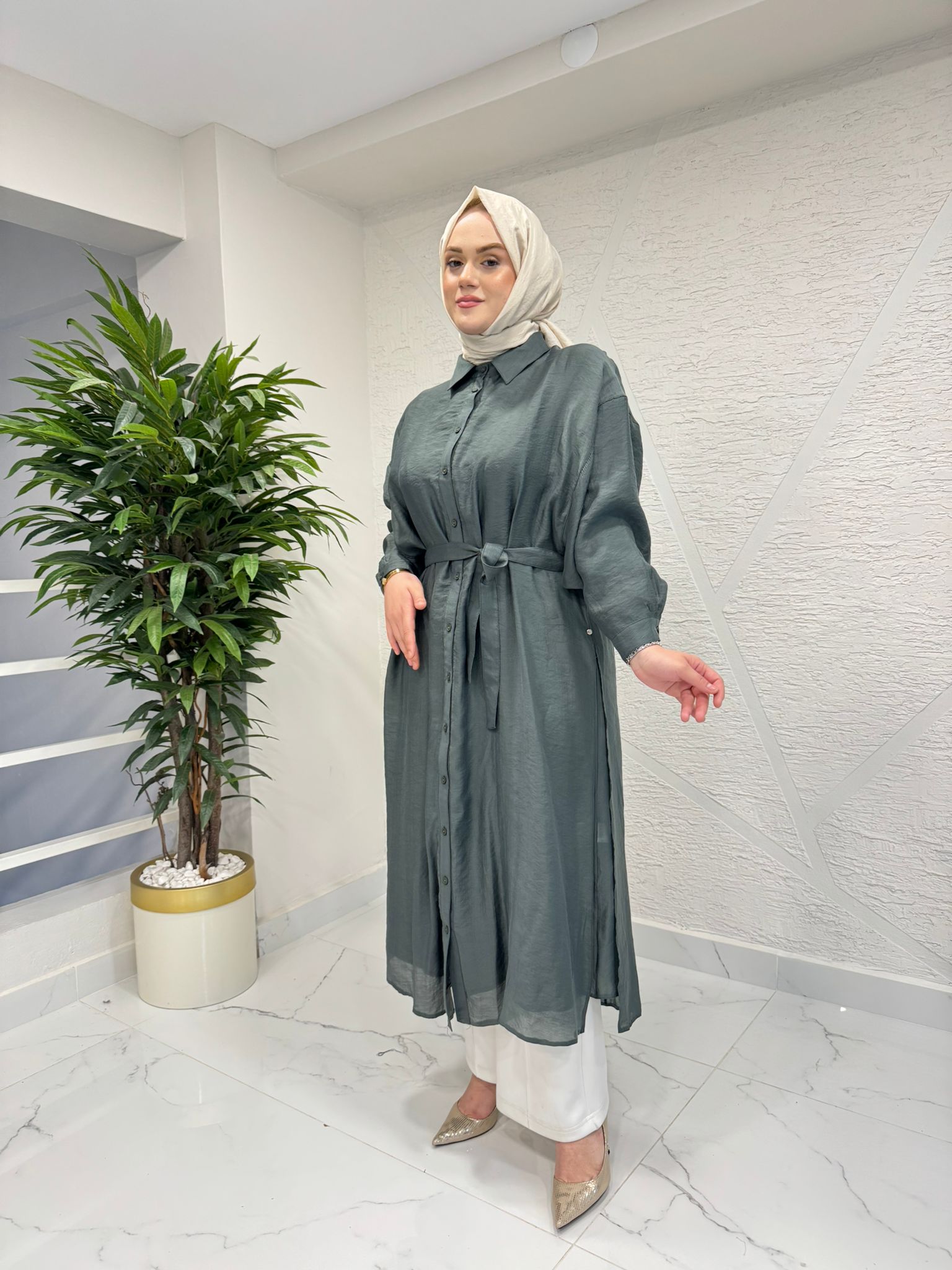 CEREMONY 26Y165 ÇİFT KATLI KUŞAKLI NİL TUNİK YEŞİL