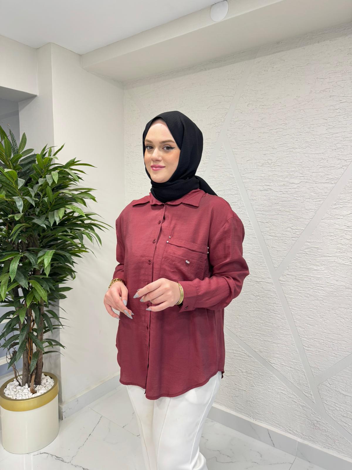 CEREMONY 26Y196 CEBİ İŞLEME DETAYLI ÖNDEN TAHTA DÜĞMELİ GÖMLEK BORDO