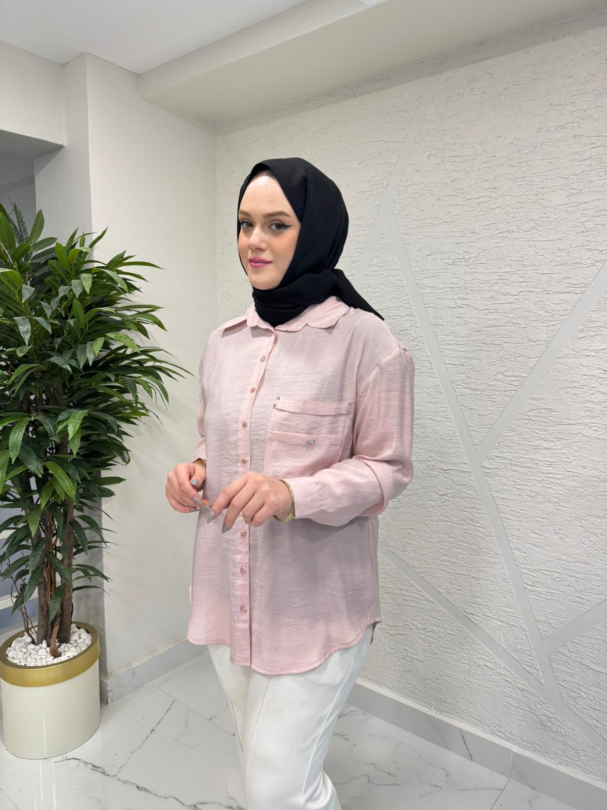 CEREMONY 26Y196 CEBİ İŞLEME DETAYLI ÖNDEN TAHTA DÜĞMELİ GÖMLEK PEMBE