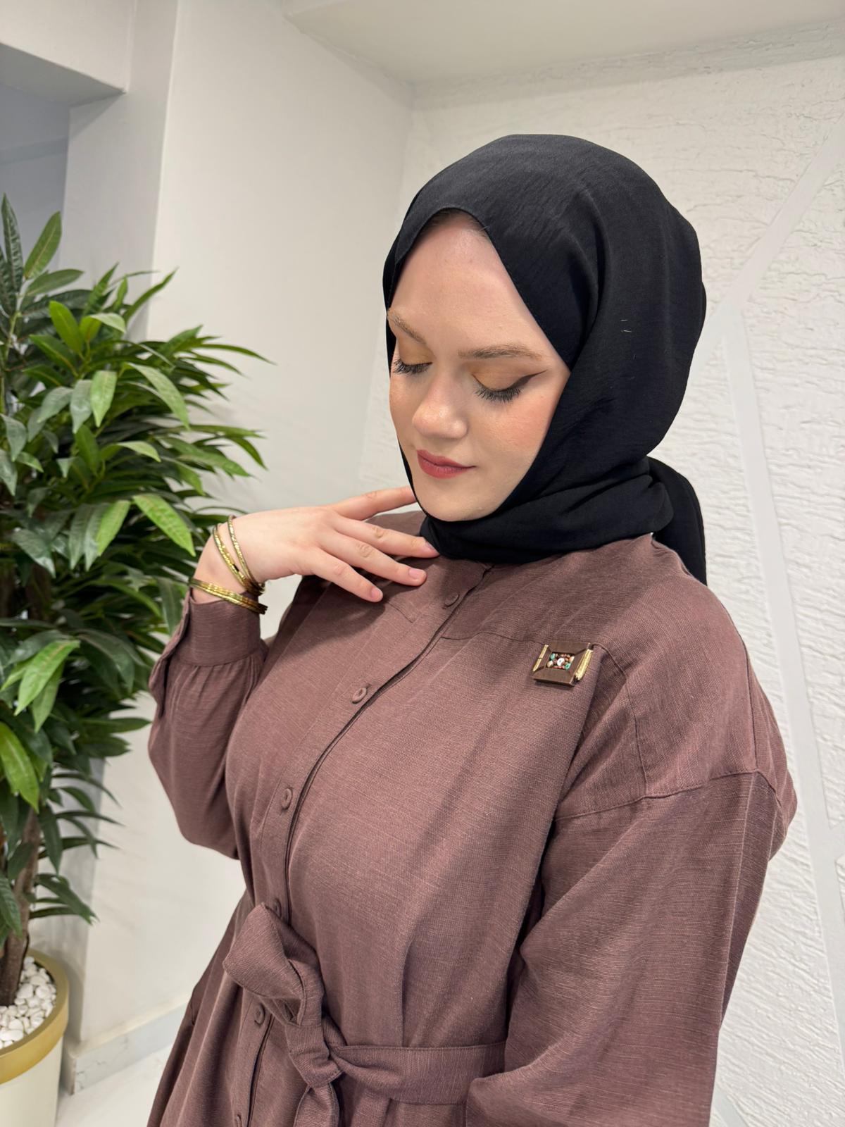 CEREMONY 26Y703 HAKİM YAKA KETEN UZUN ELBİSE KAHVERENGİ