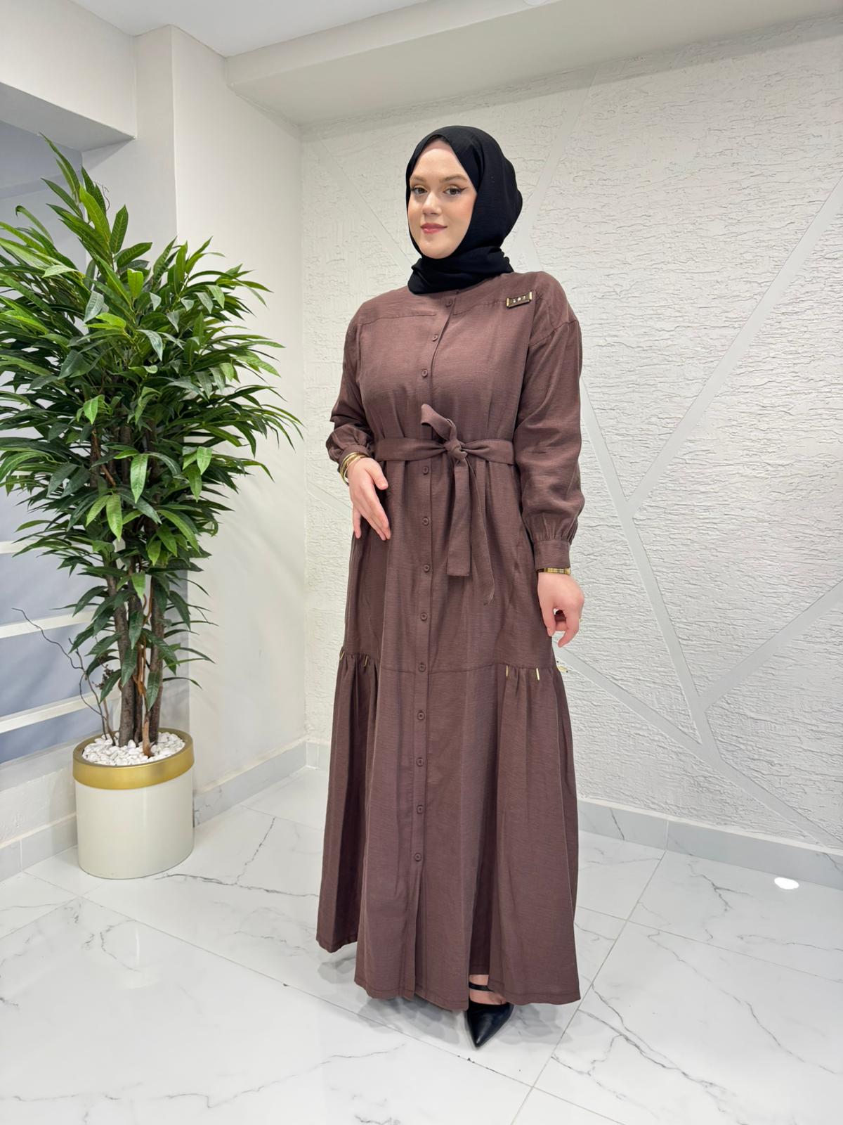 CEREMONY 26Y703 HAKİM YAKA KETEN UZUN ELBİSE KAHVERENGİ