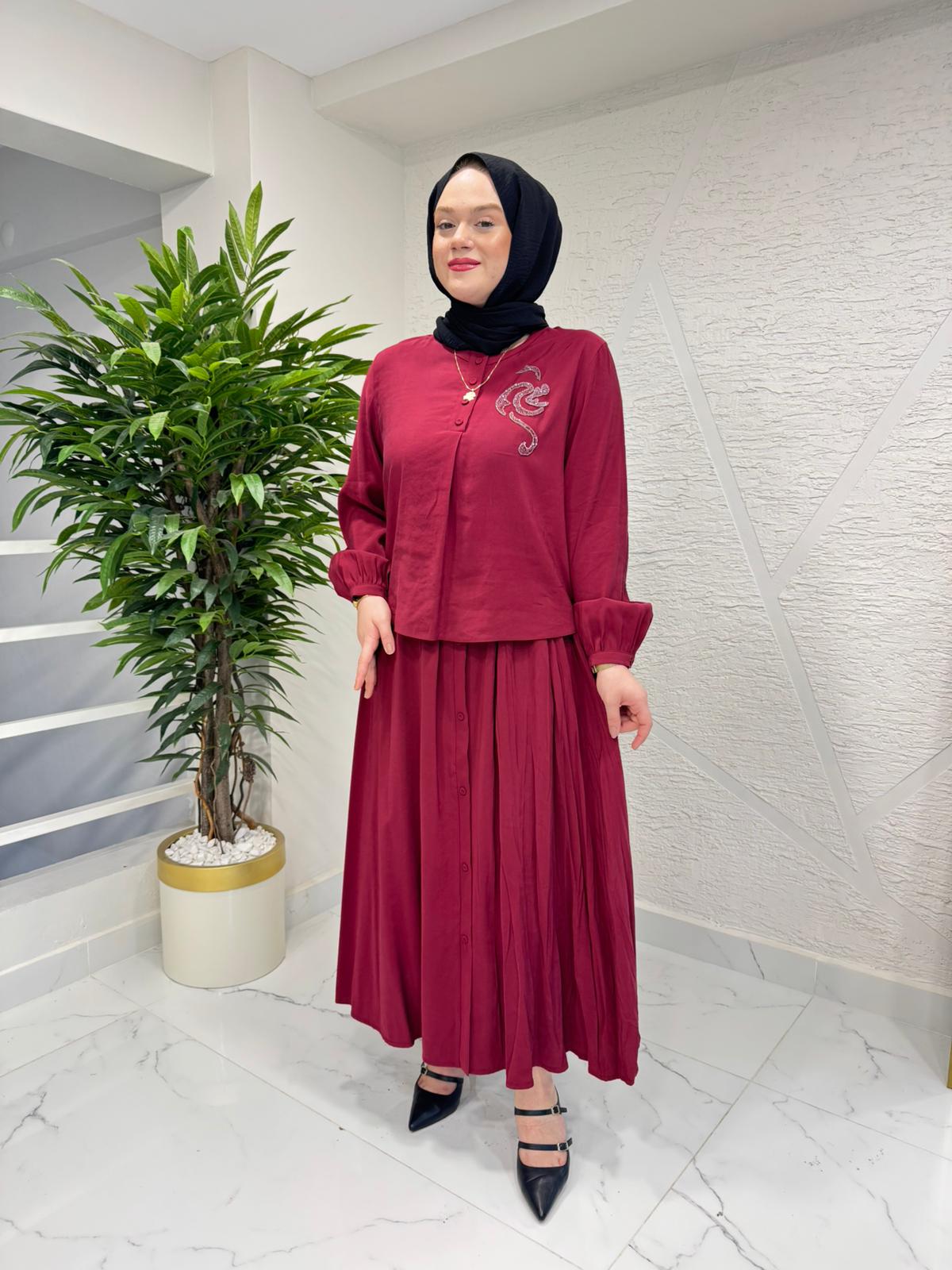 CEREMONY 26Y918 KRİSTAL İŞLEMELİ ETEKLİ MODAL TAKIM BORDO