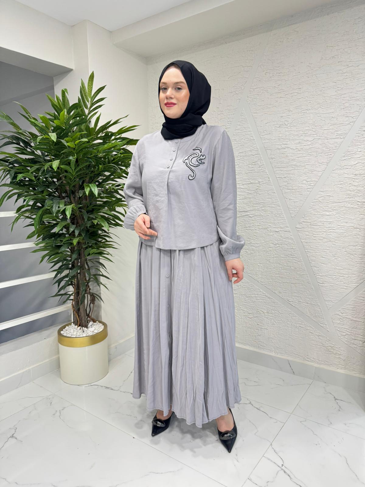 CEREMONY 26Y918 KRİSTAL İŞLEMELİ ETEKLİ MODAL TAKIM GRİ