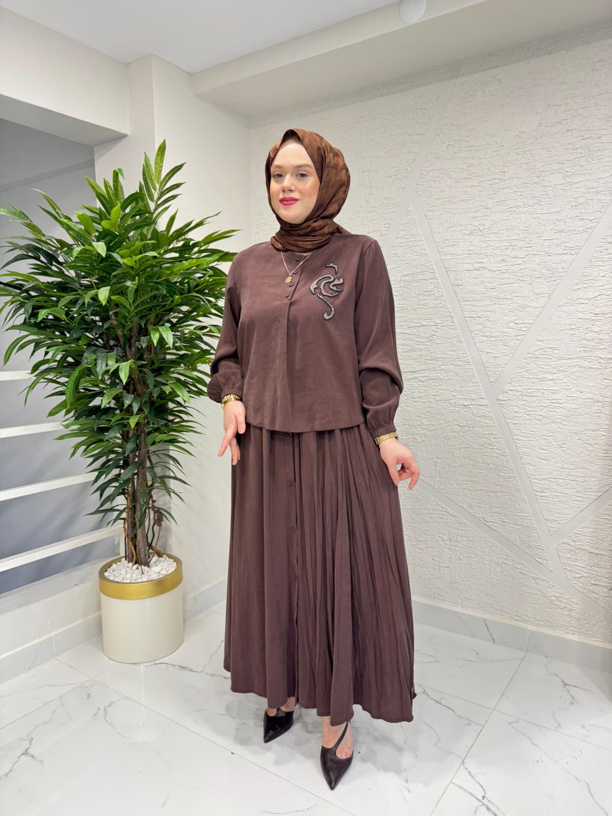 CEREMONY 26Y918 KRİSTAL İŞLEMELİ ETEKLİ MODAL TAKIM KAHVERENGİ