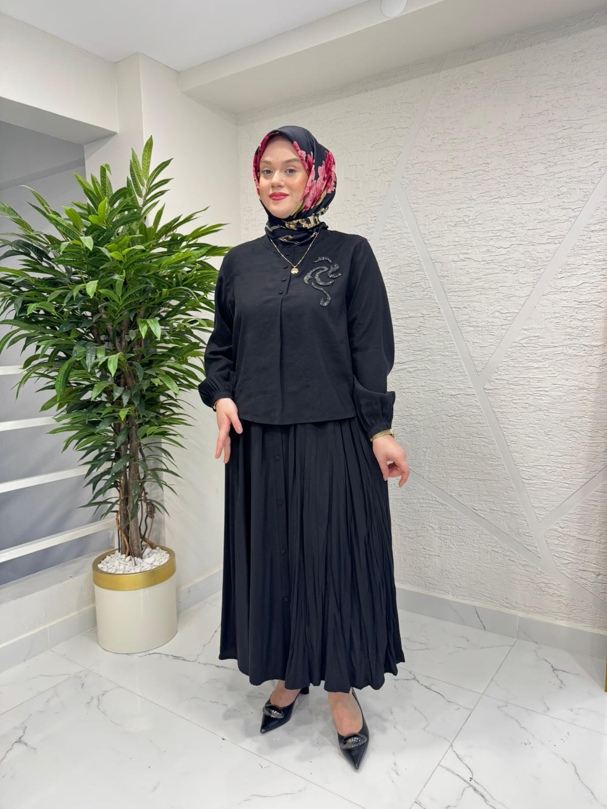 CEREMONY 26Y918 KRİSTAL İŞLEMELİ ETEKLİ MODAL TAKIM SİYAH