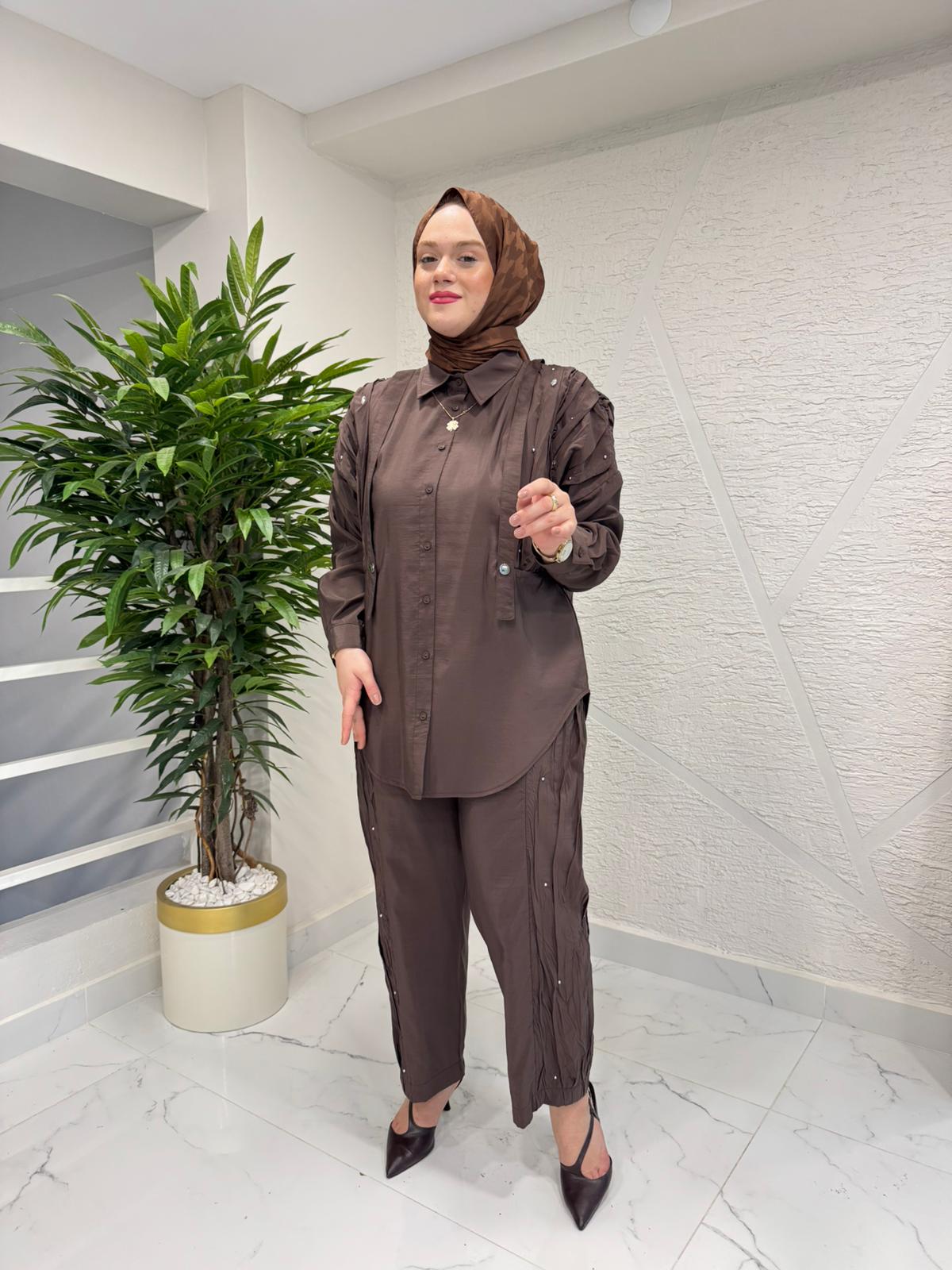 CEREMONY 26Y933 KRAŞ VE TAŞ İŞLEMELİ SAFARİ PANTOLONLU TAKIM KAHVERENGİ