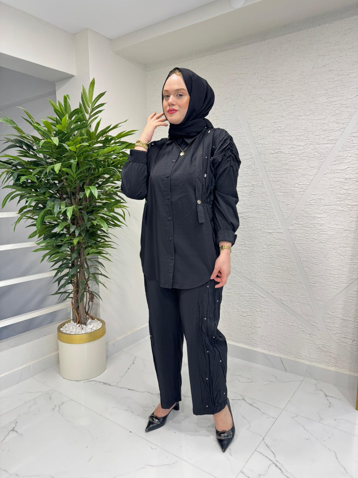 CEREMONY 26Y933 KRAŞ VE TAŞ İŞLEMELİ SAFARİ PANTOLONLU TAKIM SİYAH