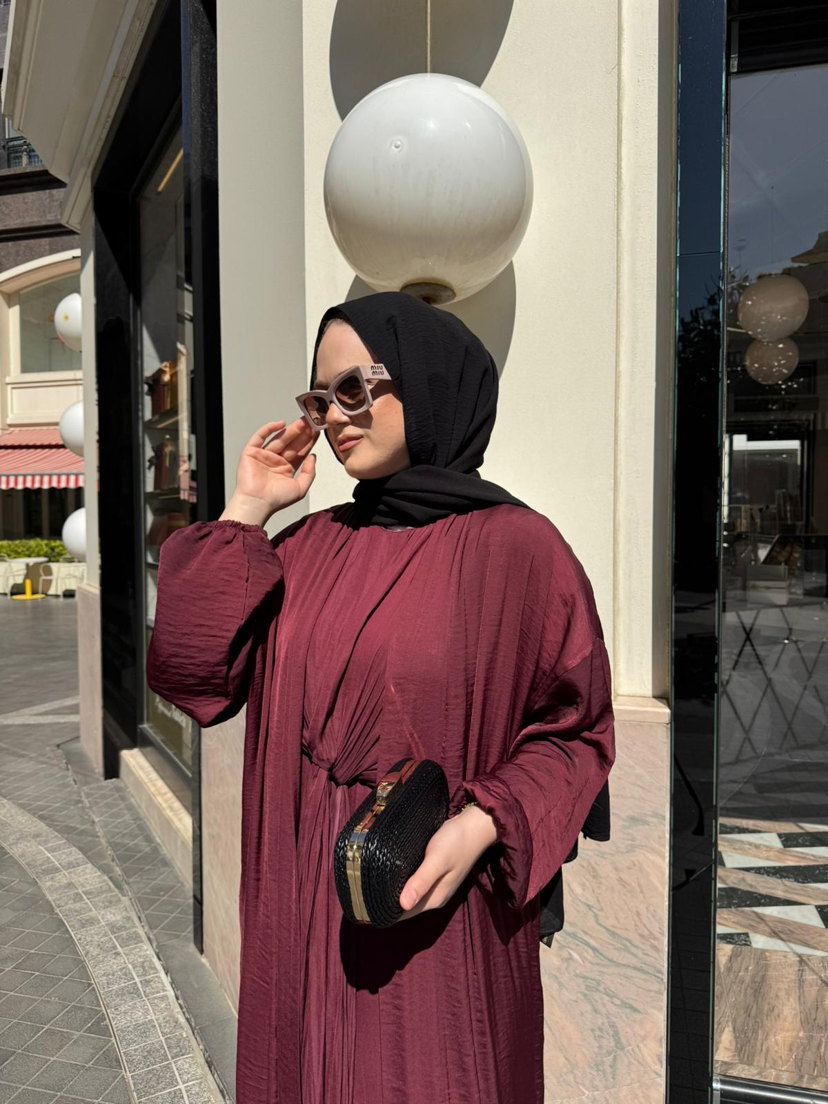 CEREMONY 26Y950 İÇ ELBİSESİ ÖNDEN KAPALI PİLE KAFTANLI CUPRA ELBİSE TAKIM BORDO