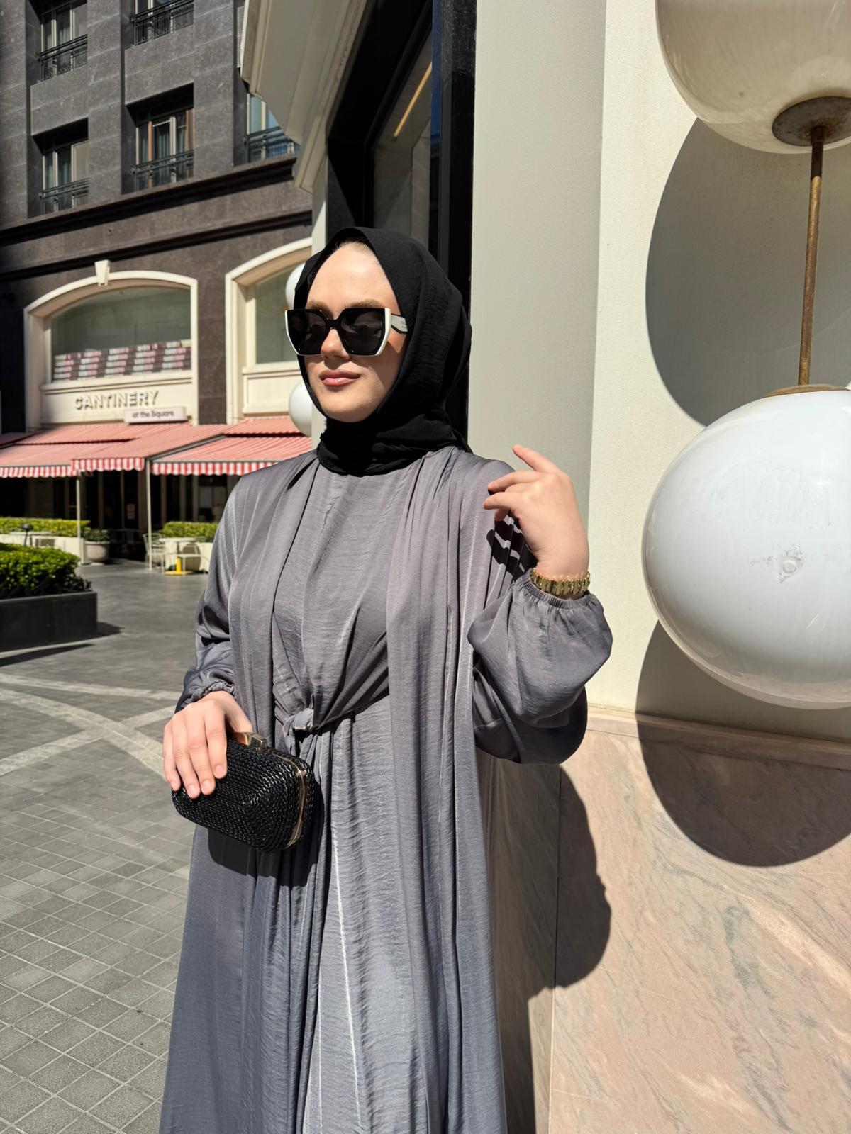 CEREMONY 26Y950 İÇ ELBİSESİ ÖNDEN KAPALI PİLE KAFTANLI CUPRA ELBİSE TAKIM GRİ