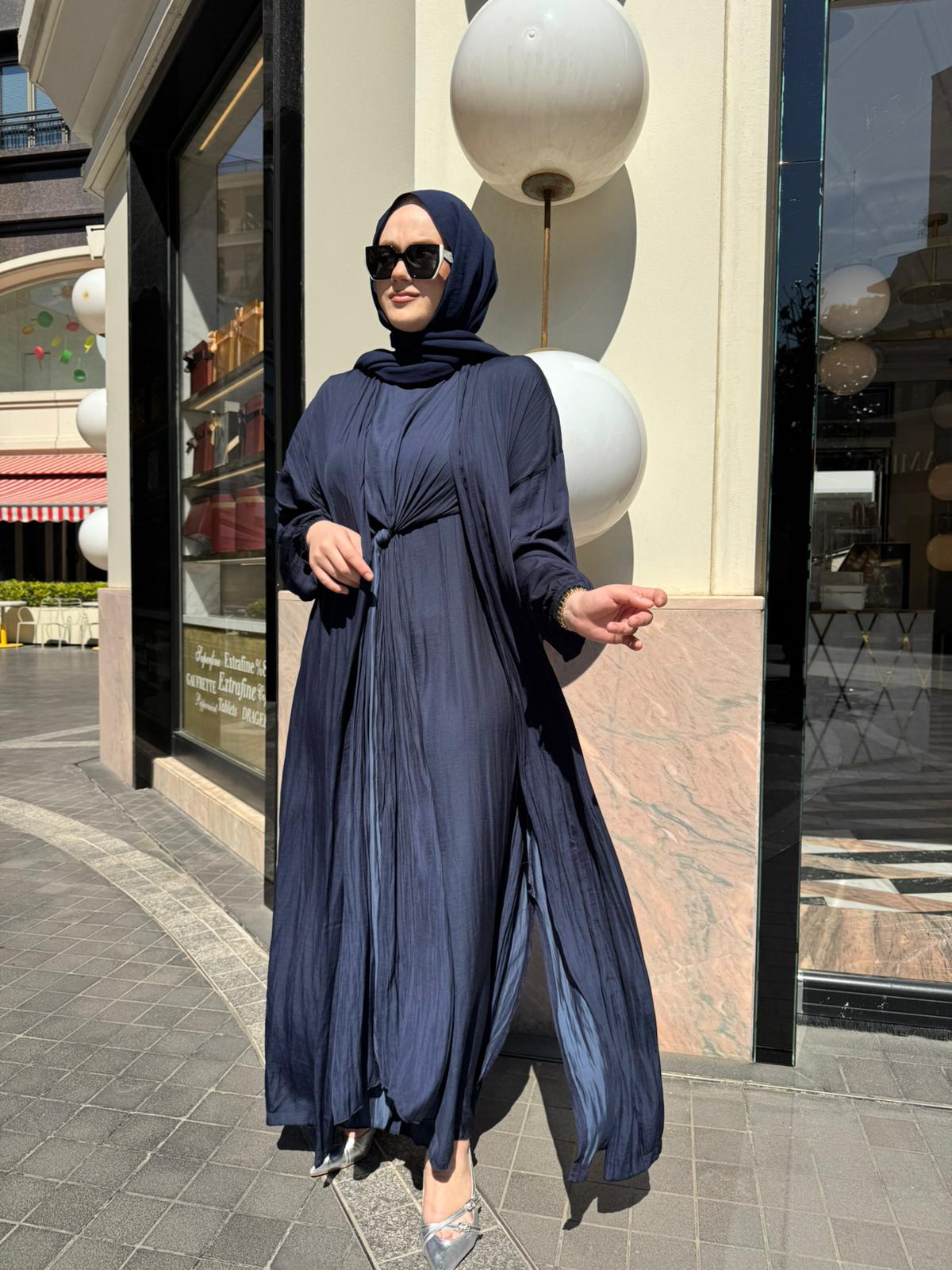 CEREMONY 26Y950 İÇ ELBİSESİ ÖNDEN KAPALI PİLE KAFTANLI CUPRA ELBİSE TAKIM LACİVERT