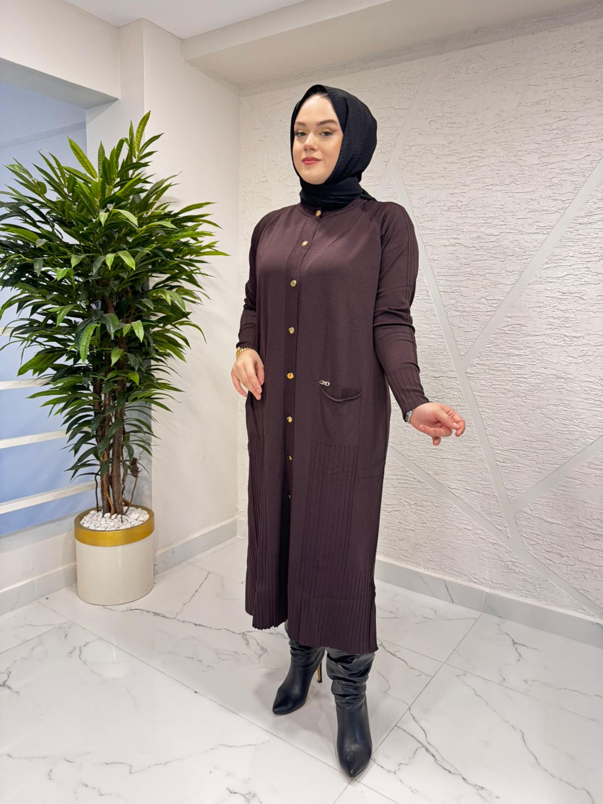 NİLİWİ 3055 ETEK UCU FİTİLLİ ARA BOY TRİKO HIRKA KAHVERENGİ