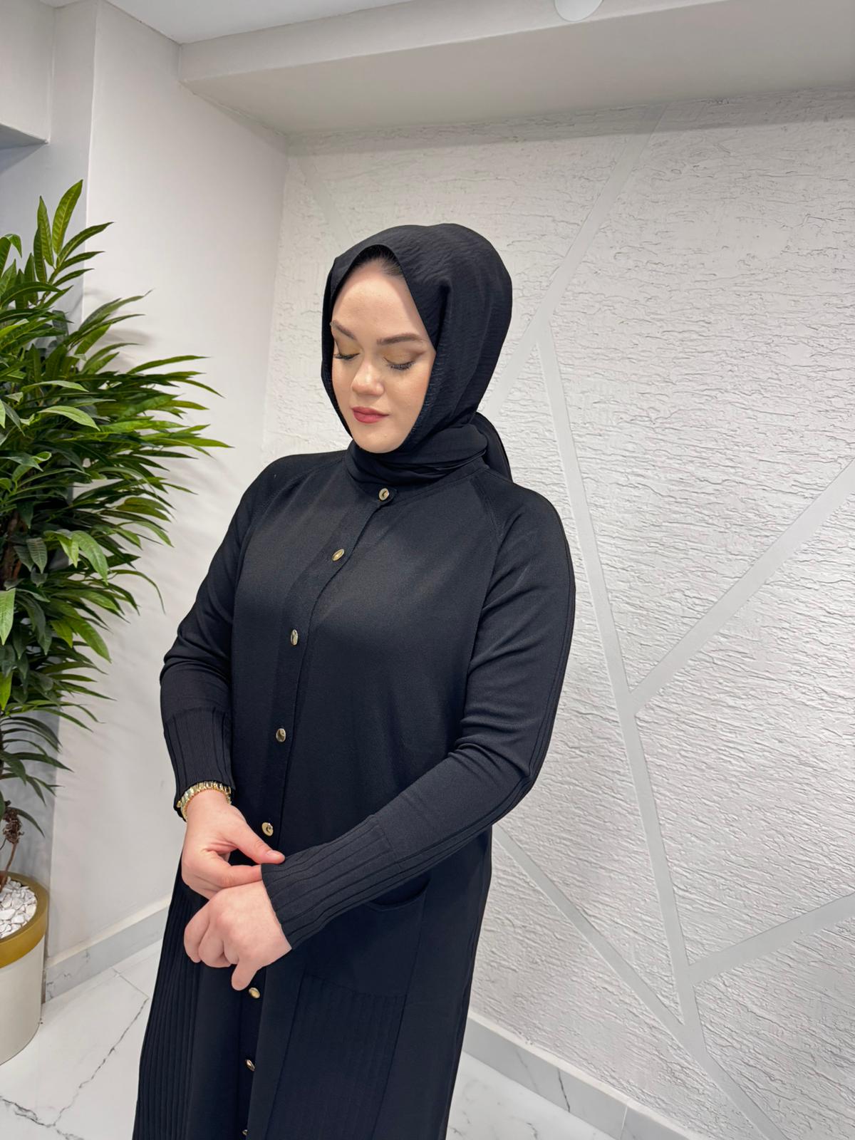 NİLİWİ 3055 ETEK UCU FİTİLLİ ARA BOY TRİKO HIRKA SİYAH