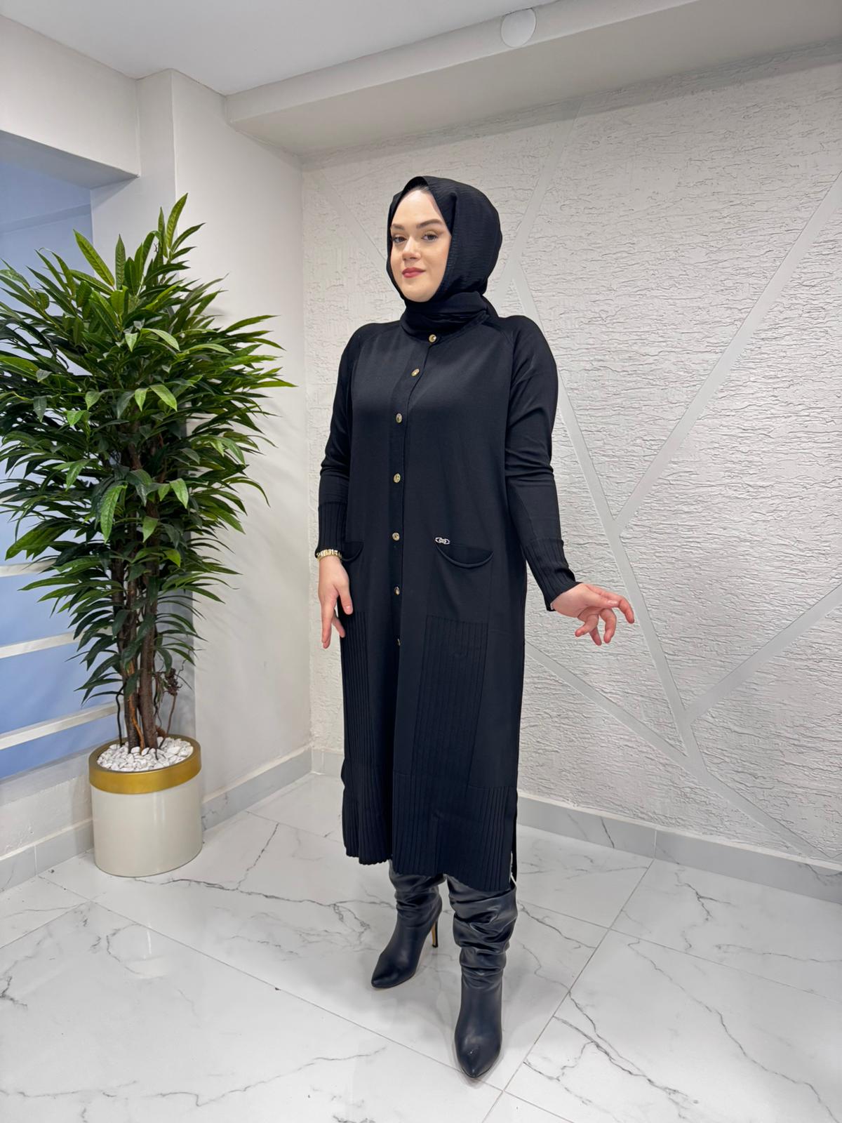 NİLİWİ 3055 ETEK UCU FİTİLLİ ARA BOY TRİKO HIRKA SİYAH