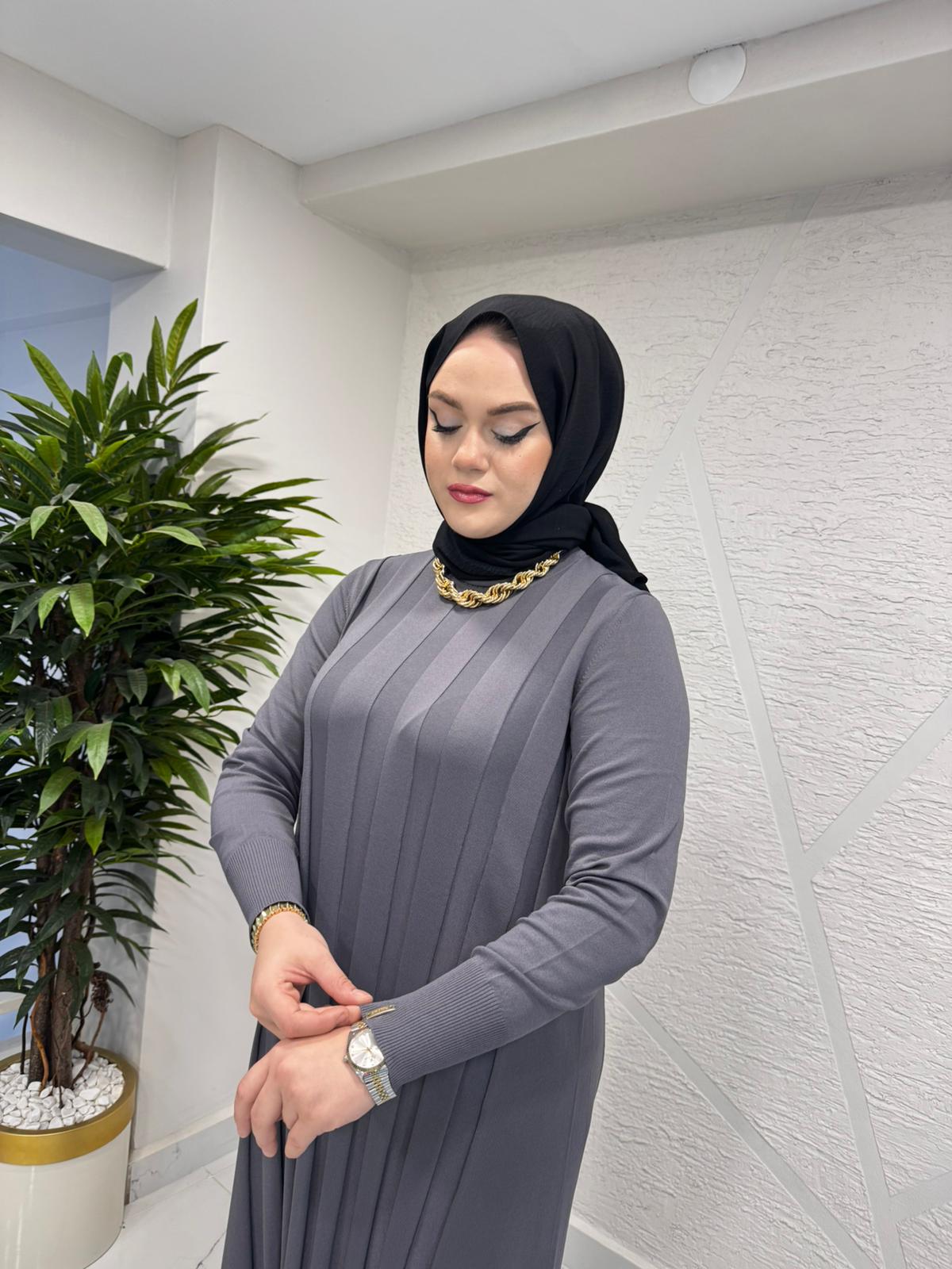 NİLİWİ 3069 ÖN ARKA KALIN FİTİLLİ TRİKO ELBİSE KOYU GRİ