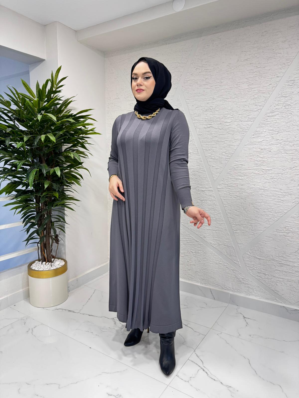 NİLİWİ 3069 ÖN ARKA KALIN FİTİLLİ TRİKO ELBİSE KOYU GRİ