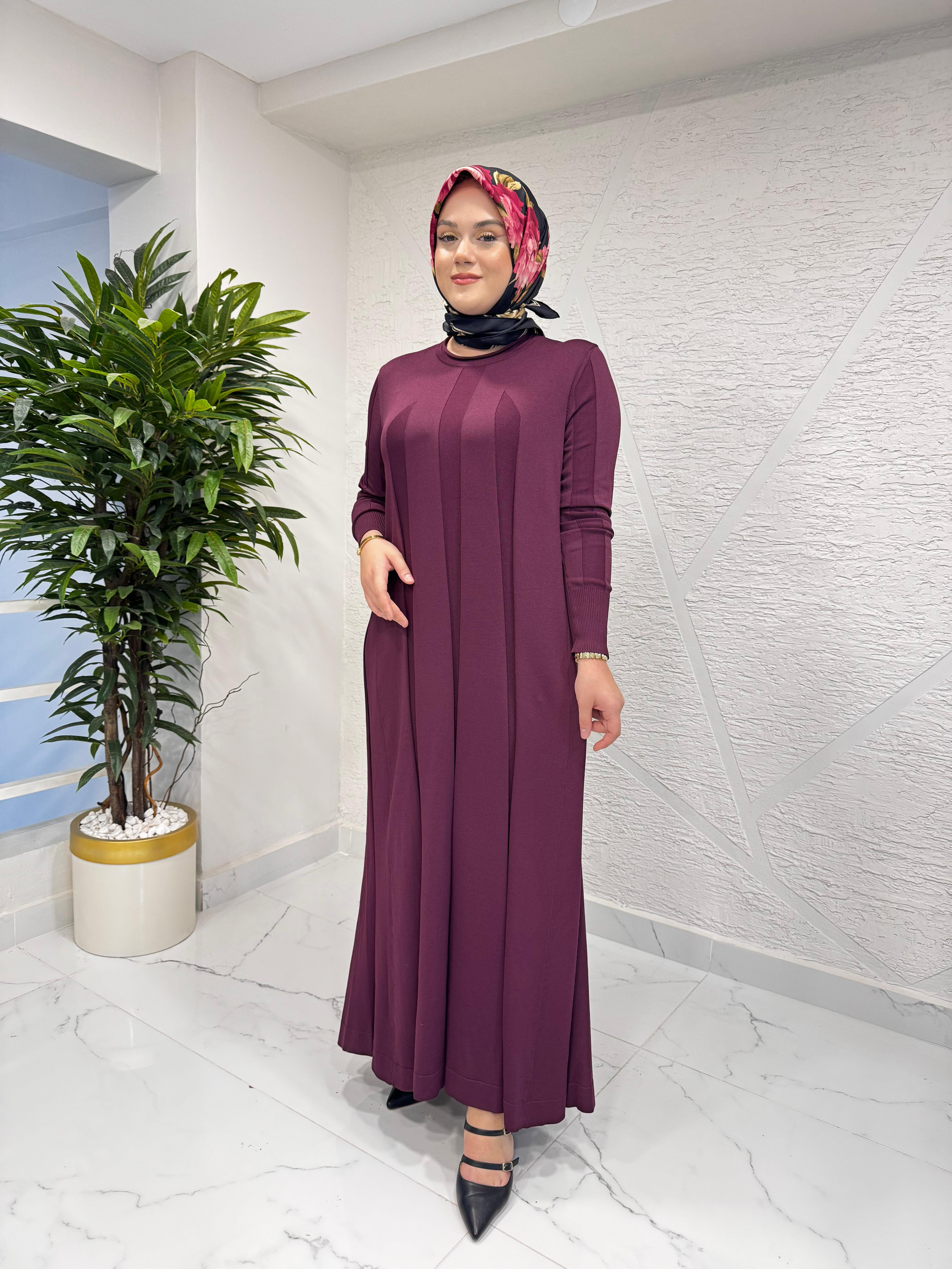 NİLİWİ 3078 OLUK FİTİLLİ TRİKO ELBİSE BORDO