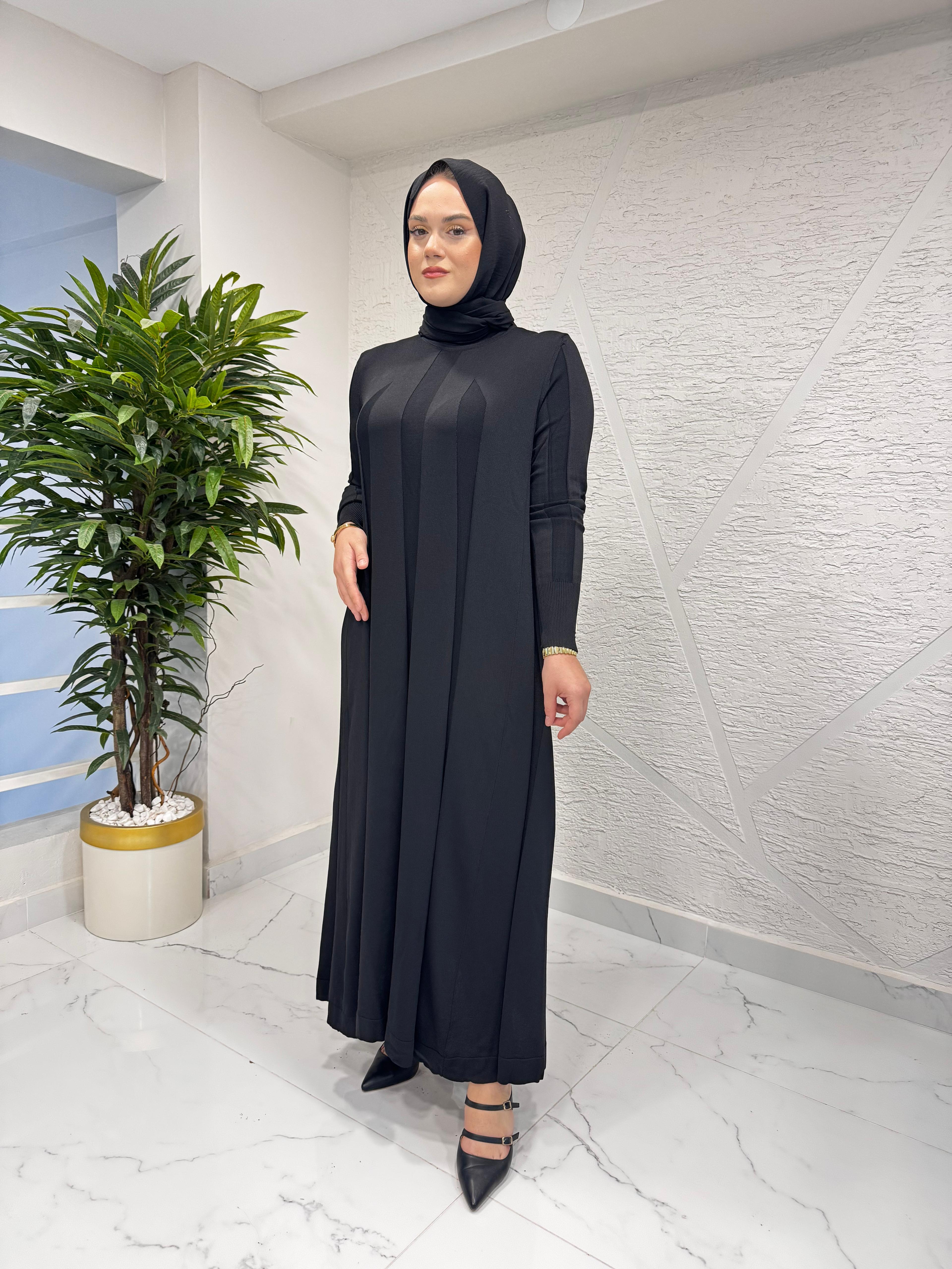 NİLİWİ 3078 OLUK FİTİLLİ TRİKO ELBİSE SİYAH