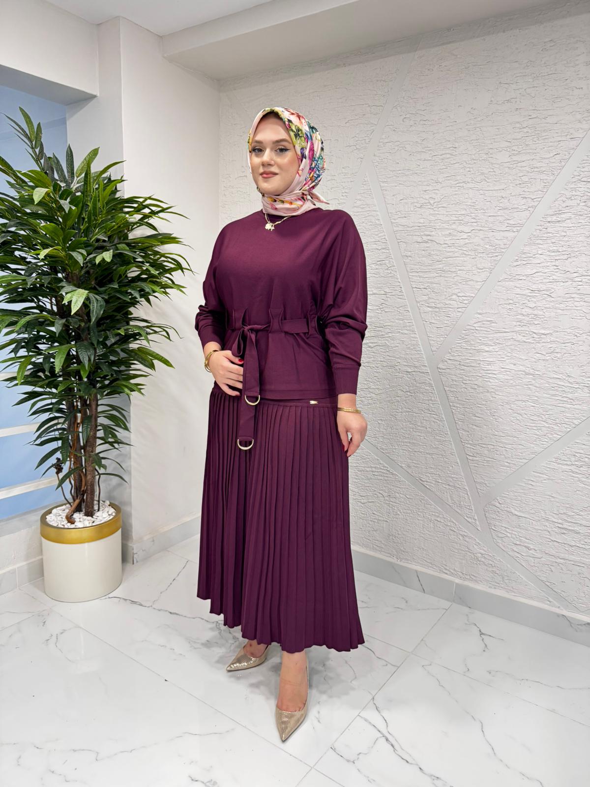 NİLİWİ 3083 YARASA KOL KUŞAKLI TRİKO BLUZ BORDO