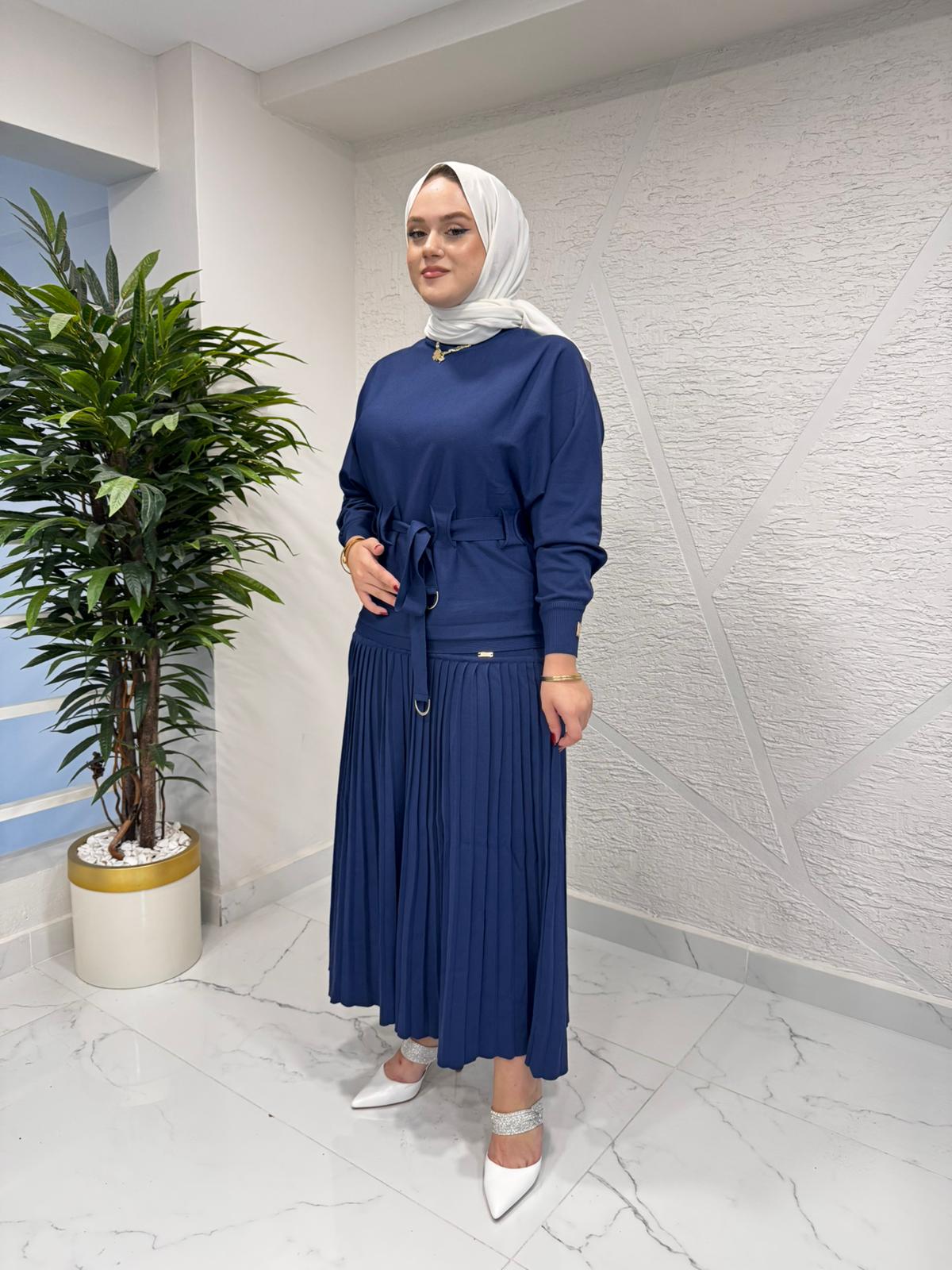 NİLİWİ 3083 YARASA KOL KUŞAKLI TRİKO BLUZ LACİVERT