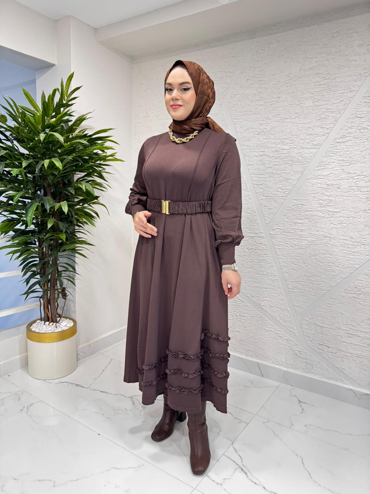 NİLİWİ 3084 ETEK UCU TİKTAK FIRFRILI TRİKO ELBİSE KAHVERENGİ