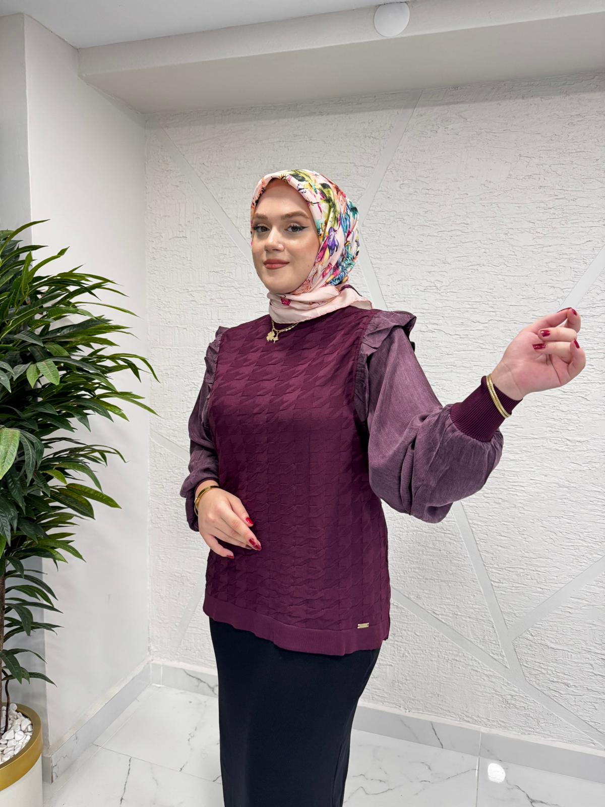 NİLİWİ 3085 KOL EVİ KARE KESİMLİ FIRFIRLI TRİKO TUNİK BORDO