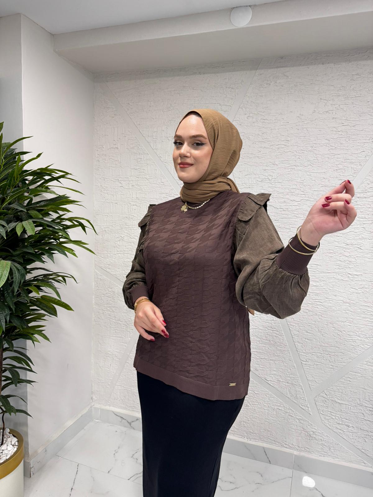 NİLİWİ 3085 KOL EVİ KARE KESİMLİ FIRFIRLI TRİKO TUNİK KAHVERENGİ