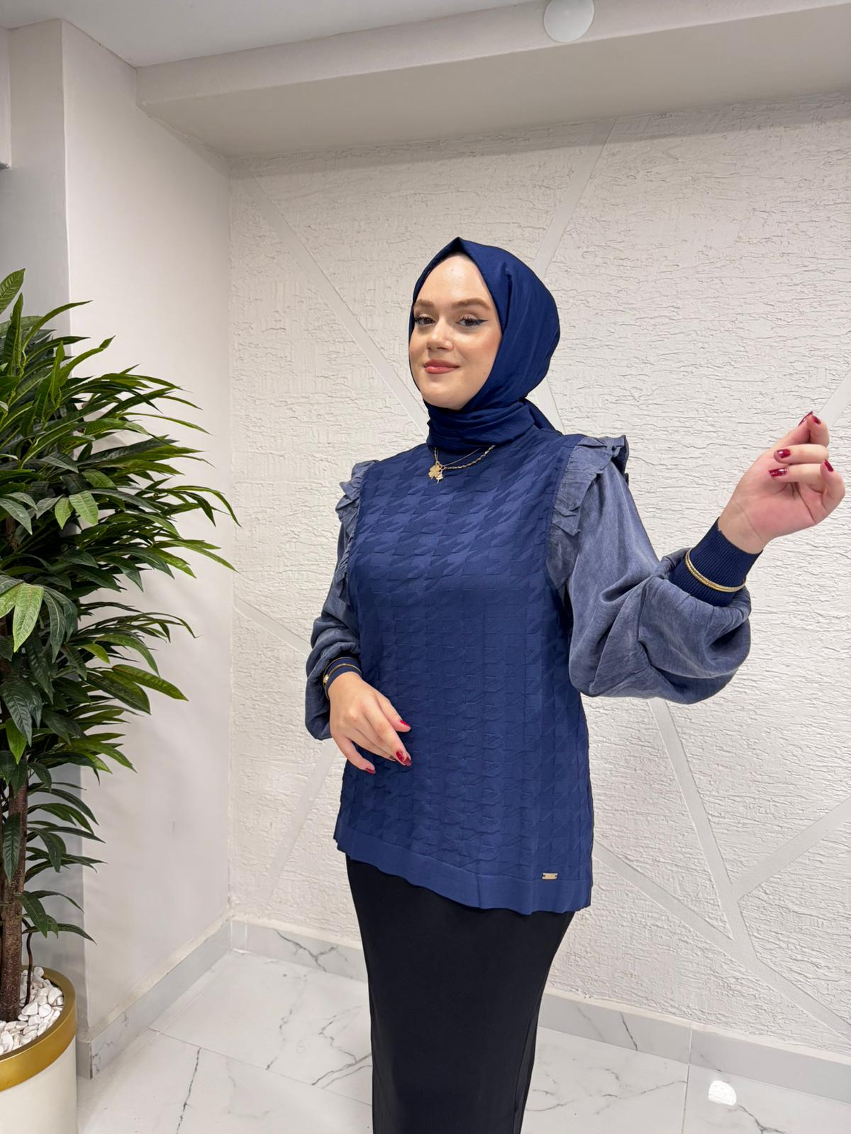 NİLİWİ 3085 KOL EVİ KARE KESİMLİ FIRFIRLI TRİKO TUNİK LACİVERT