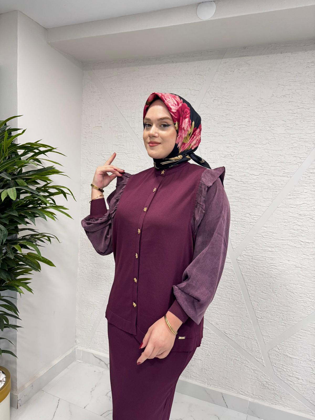 NİLİWİ 3086 KOLU KARE KESİMLİ FIRFIRLI TRİKO HIRKA BORDO