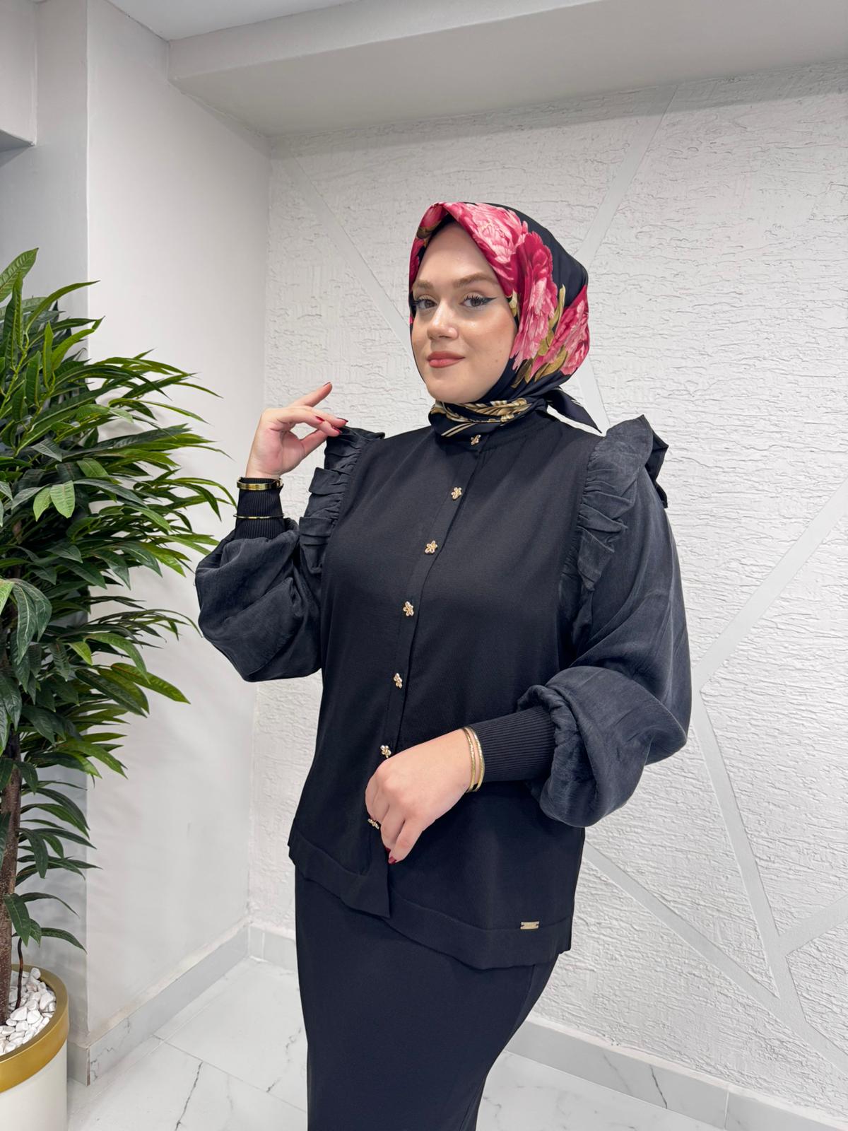 NİLİWİ 3086 KOLU KARE KESİMLİ FIRFIRLI TRİKO HIRKA SİYAH