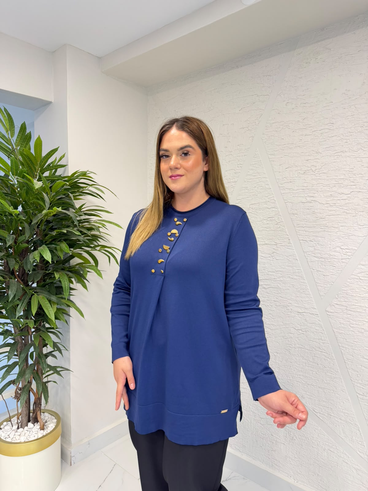 NİLİWİ 3094 ÖNÜ KENDİNDEN PİLİLİ TUNİK LACİVERT