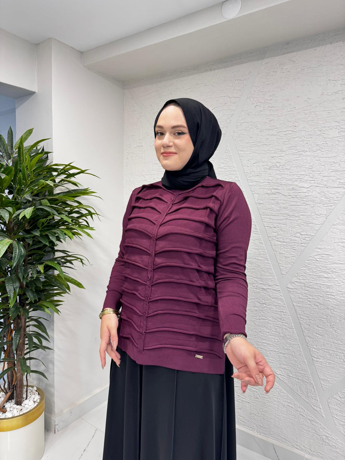 NİLİWİ 3098 ÖNÜ KOMPLE TORBA ORTASI TİKTAK FIRFIRLI TRİKO BLUZ BORDO