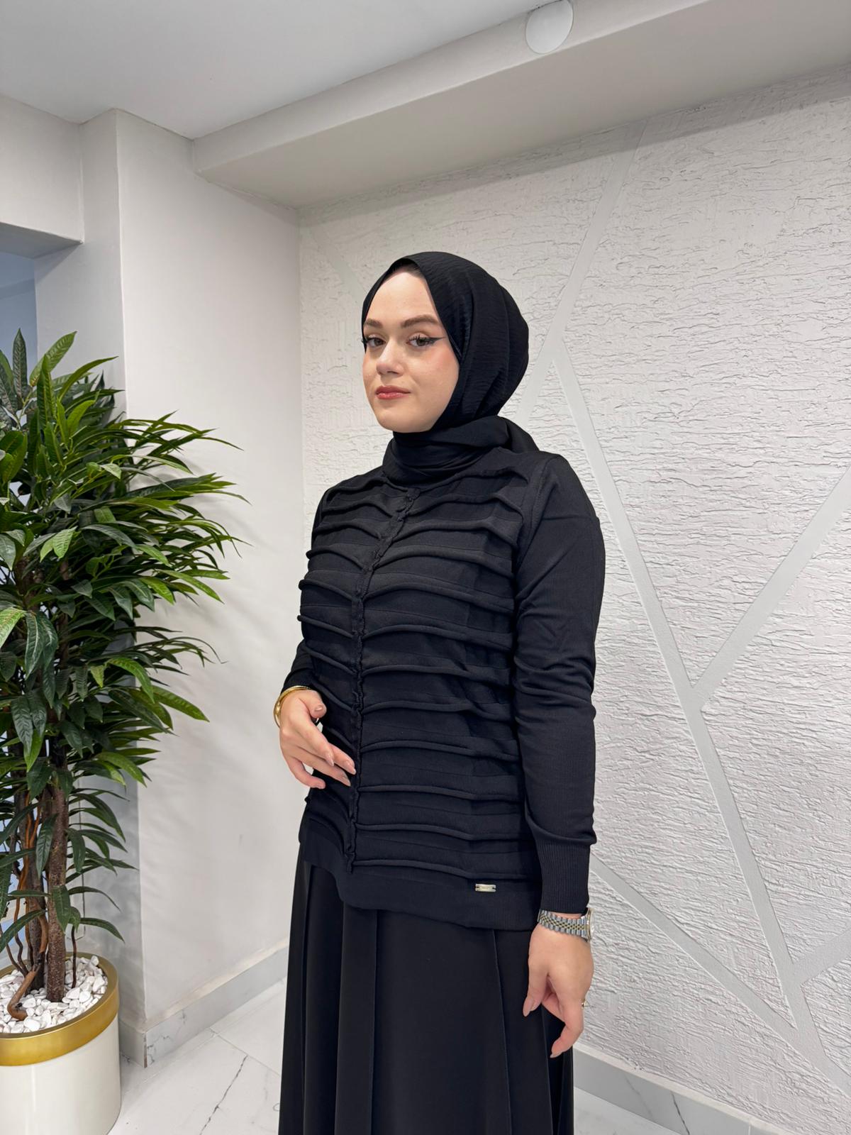 NİLİWİ 3098 ÖNÜ KOMPLE TORBA ORTASI TİKTAK FIRFIRLI TRİKO BLUZ SİYAH