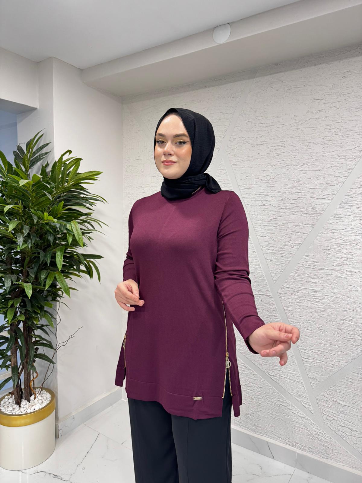 NİLİWİ 3101 YANLARI FERMUARLI TRİKO TUNİK BORDO
