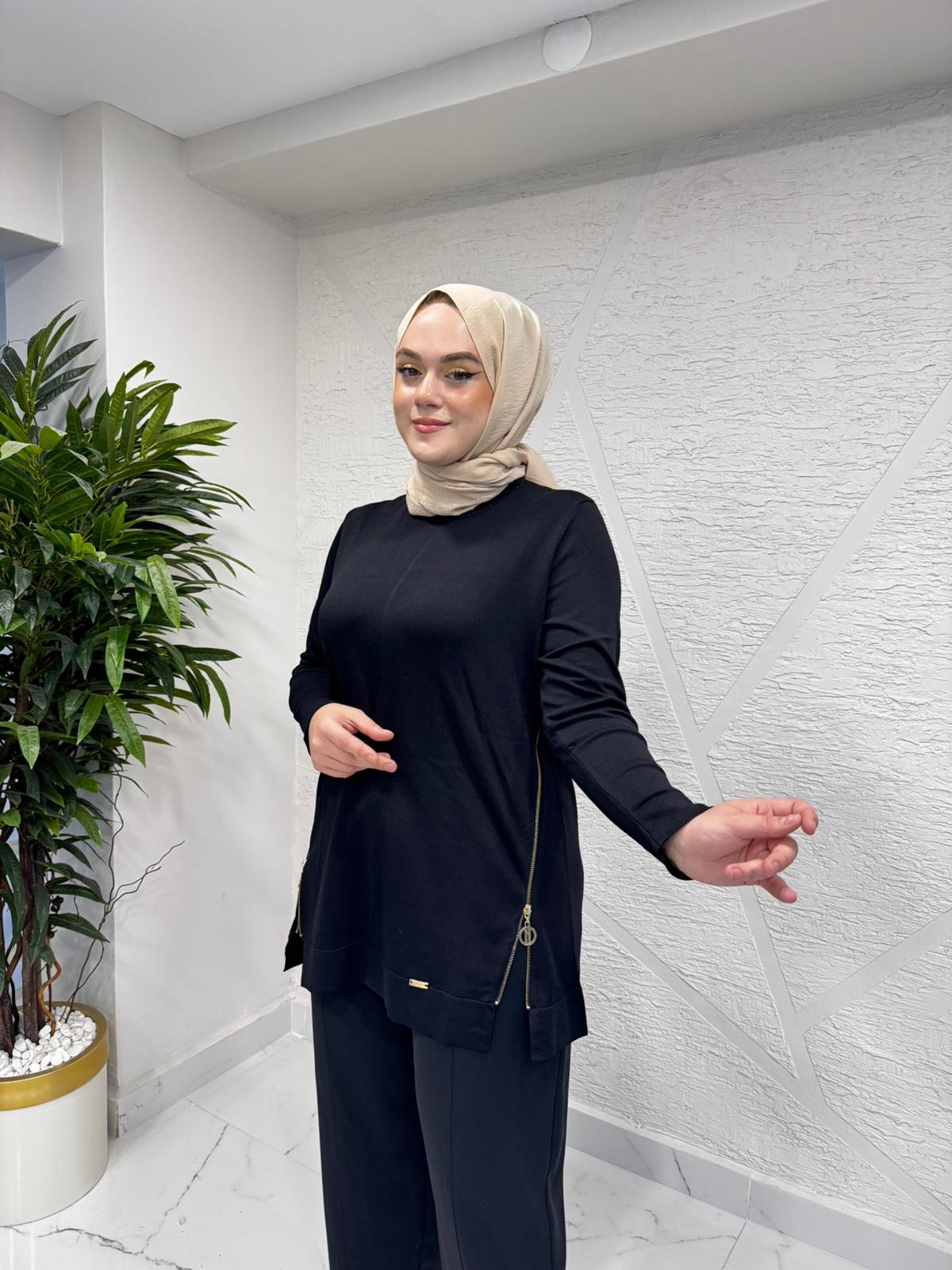 NİLİWİ 3101 YANLARI FERMUARLI TRİKO TUNİK SİYAH