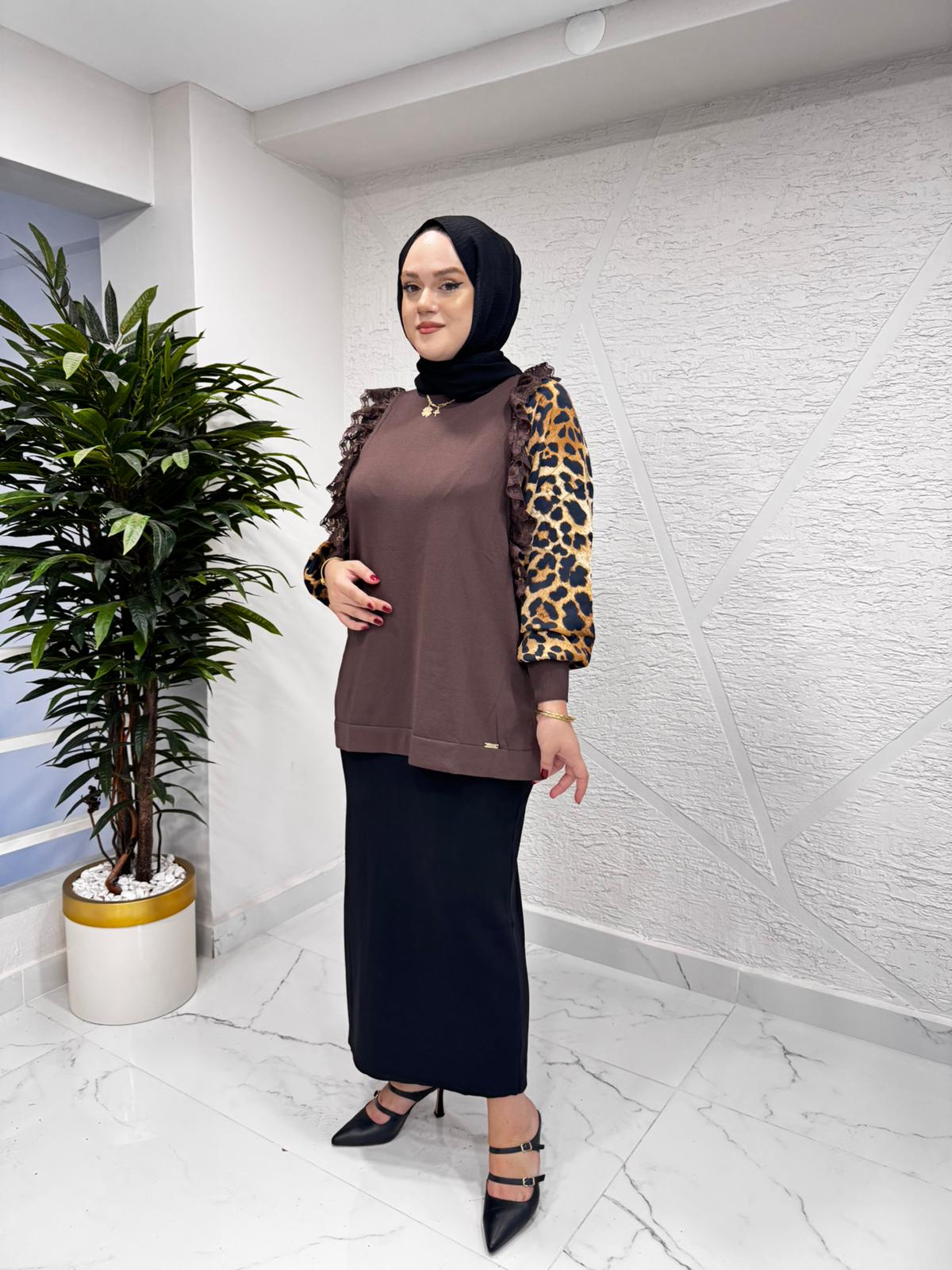 NİLİWİ 3103 LEOPAR KOLLU DANTEL FIRFIRLI TRİKO TUNİK KAHVERENGİ