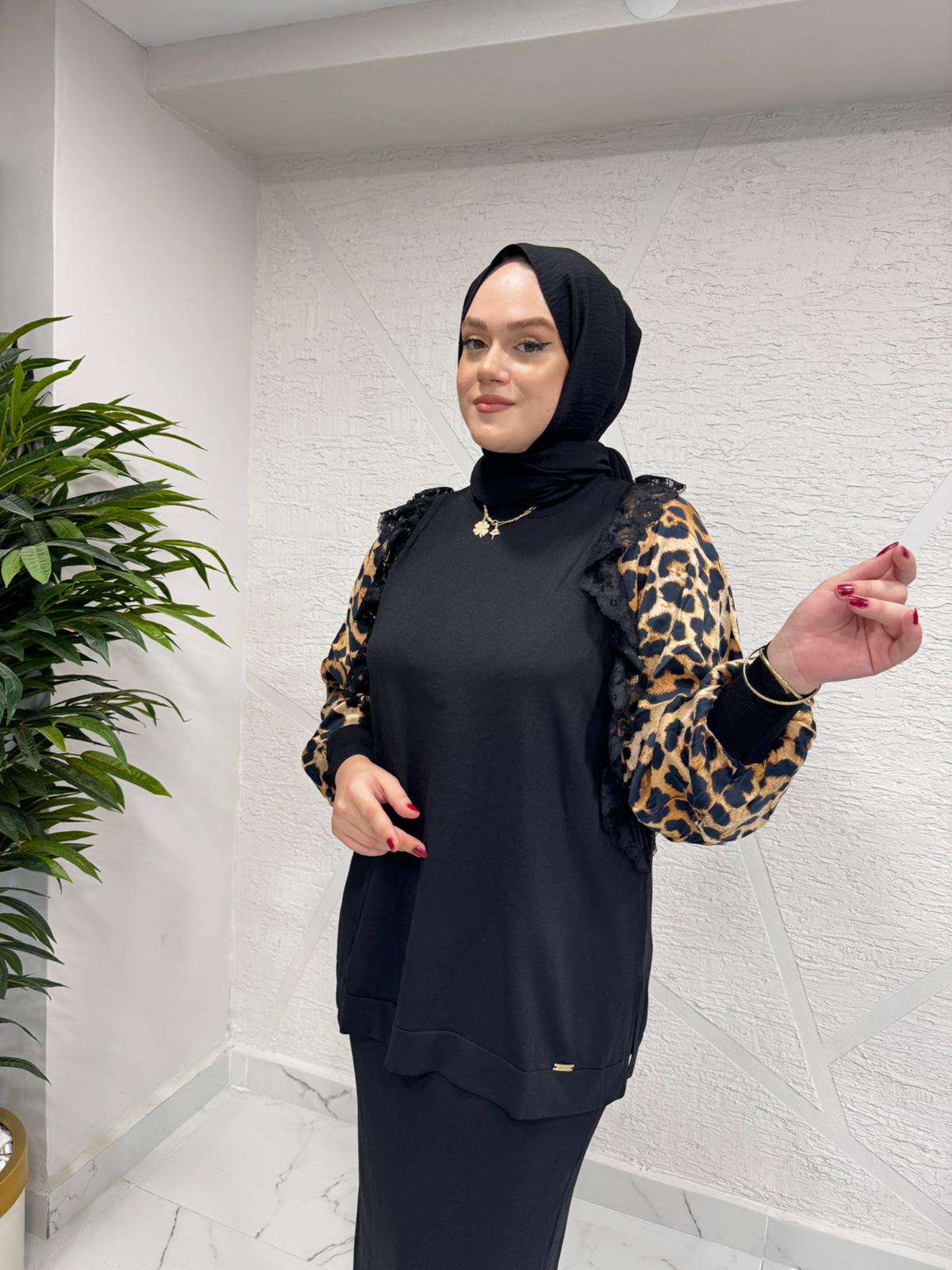 NİLİWİ 3103 LEOPAR KOLLU DANTEL FIRFIRLI TRİKO TUNİK SİYAH
