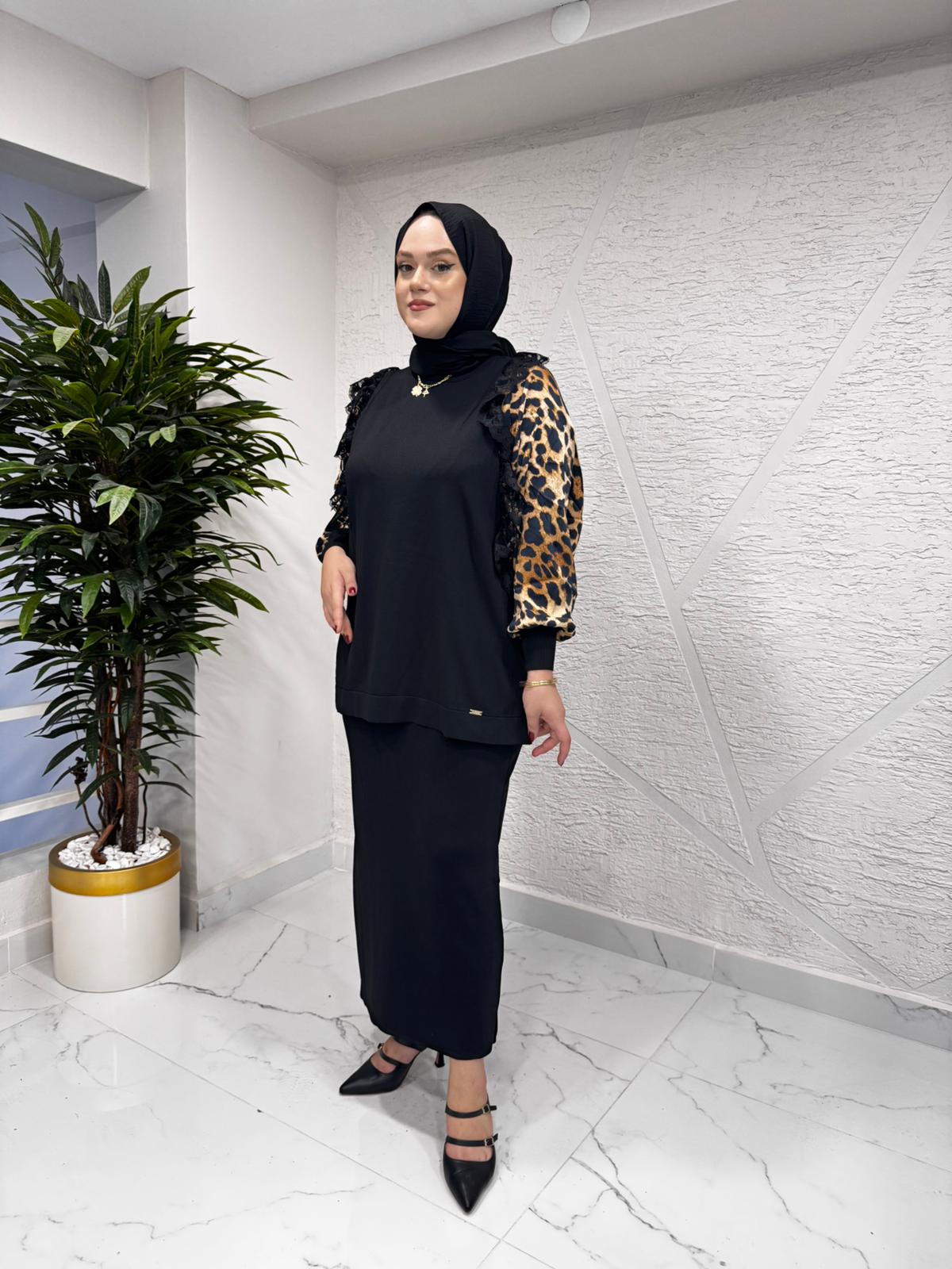 NİLİWİ 3103 LEOPAR KOLLU DANTEL FIRFIRLI TRİKO TUNİK SİYAH