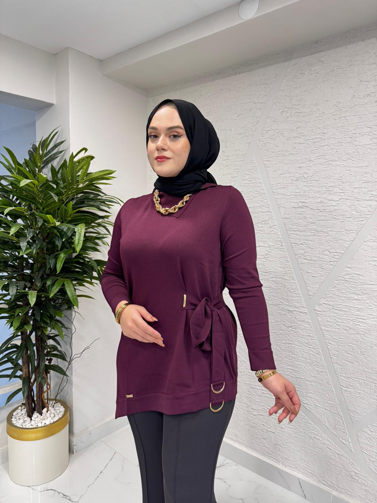 NİLİWİ 3106 YANDAN TİKTAK BAĞLAMALI TRİKO TUNİK BORDO