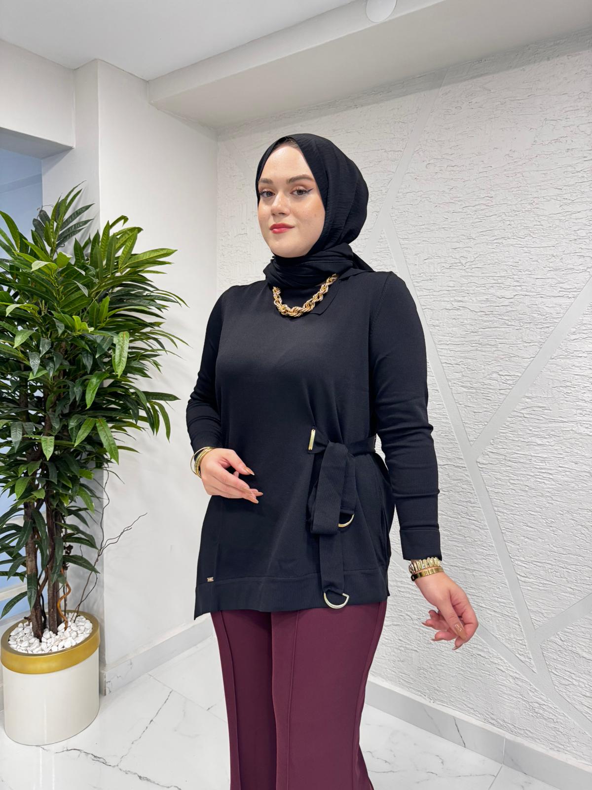 NİLİWİ 3106 YANDAN TİKTAK BAĞLAMALI TRİKO TUNİK SİYAH