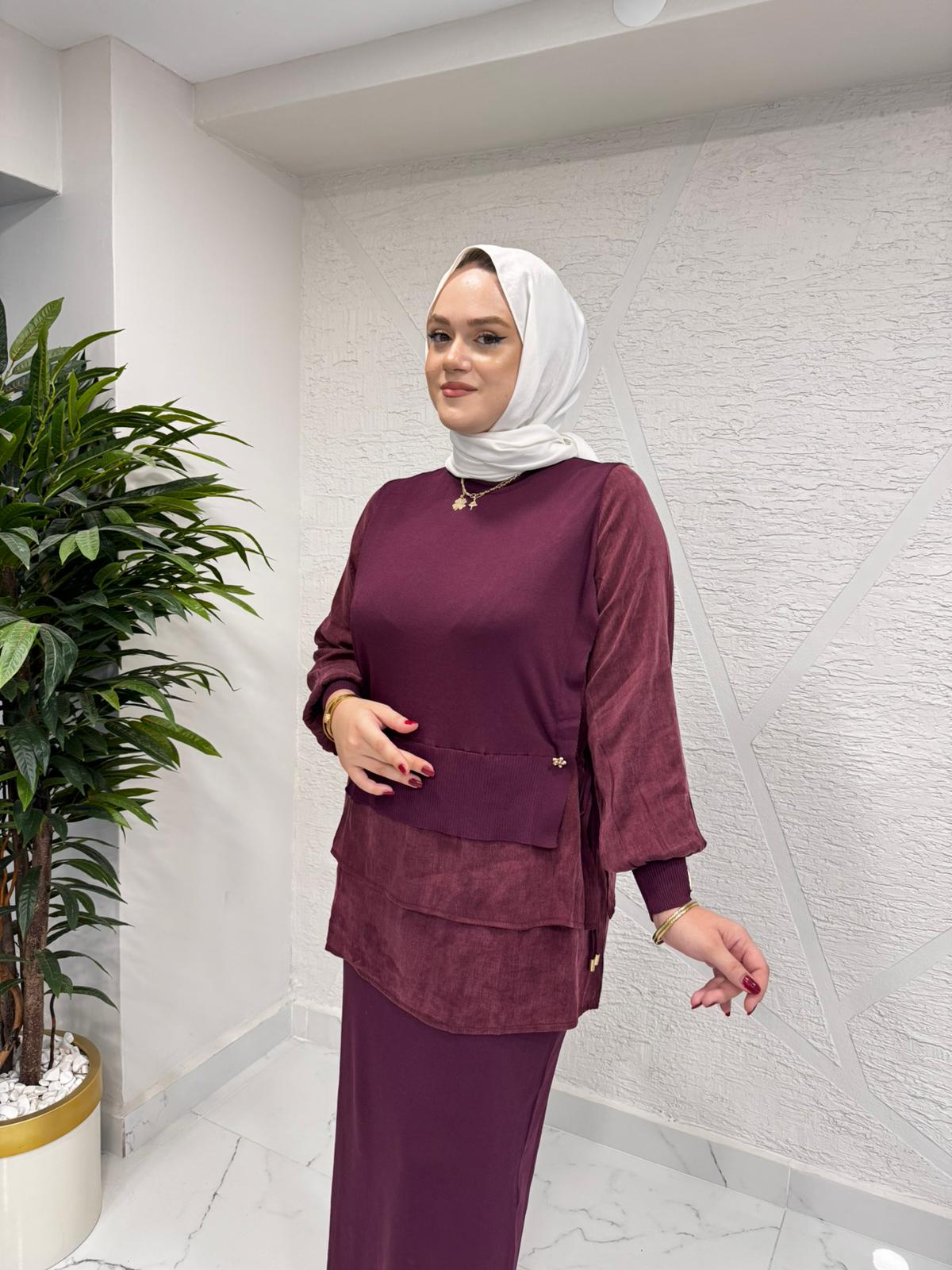 NİLİWİ 3107 ETEĞİ ÇİFT KATLI KUPRA TRİKO TUNİK BORDO