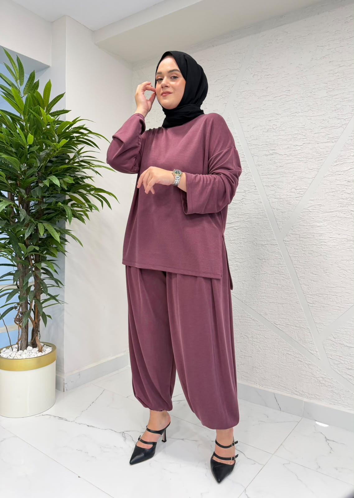 MİHRAN 3115 ŞALVARLI OYSHO PANTOLON TAKIM BORDO