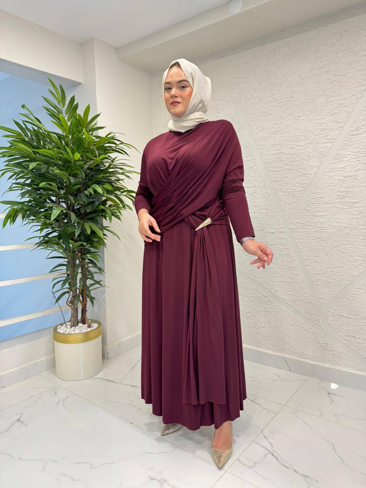 QASHE 31271 TOKA BAĞLAMA DETAYLI ELBİSE BORDO
